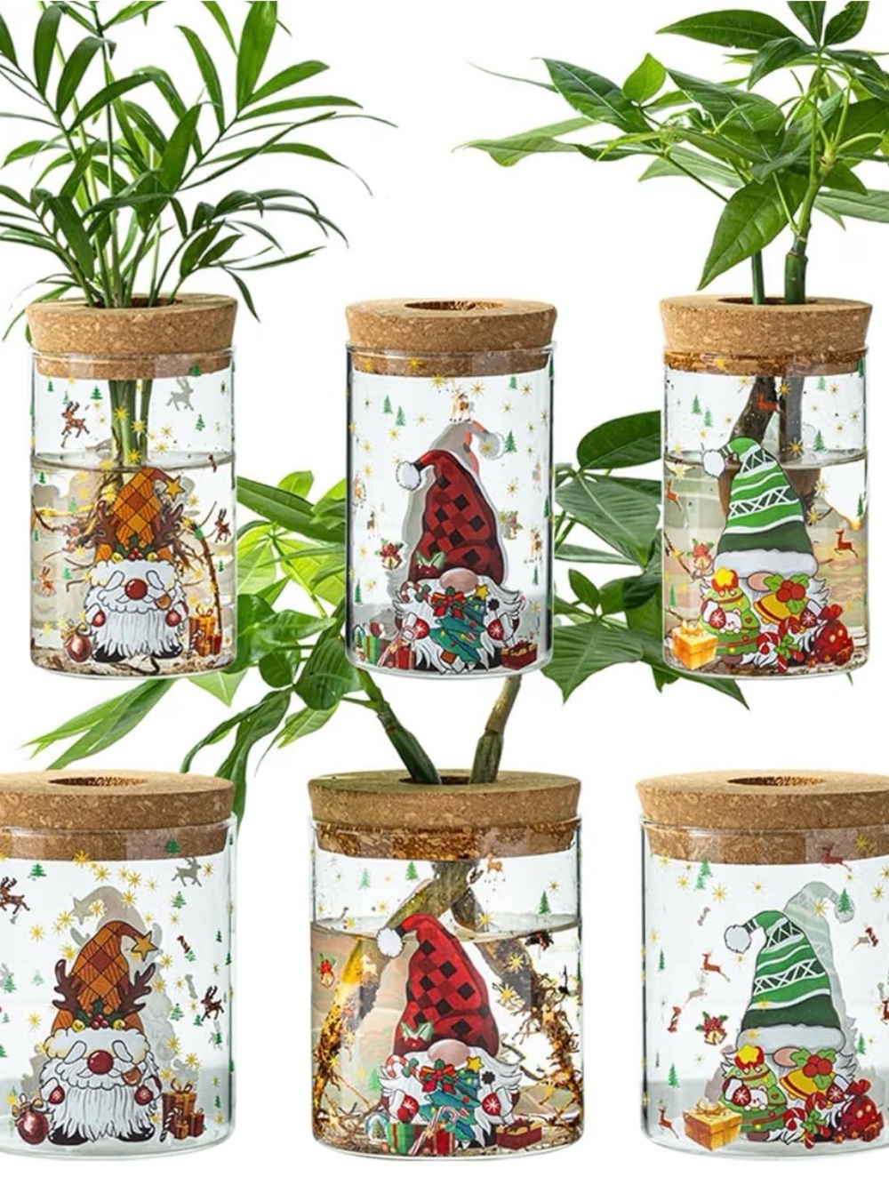 Christmas Themed Propagation Stations Glass Vases Container Cork Ring Top Set 6